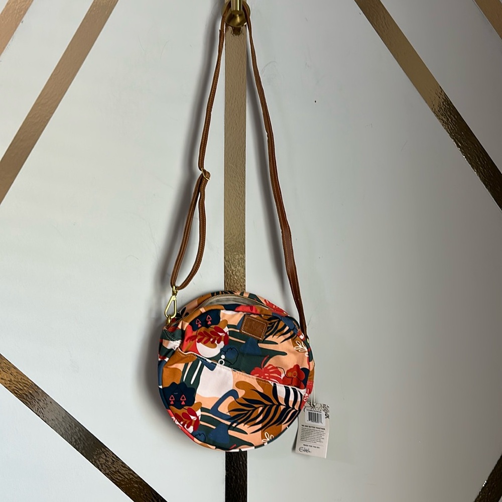 Sseko Crossbody Leather Canvas Tropical Print Circle Bag Made in Uganda